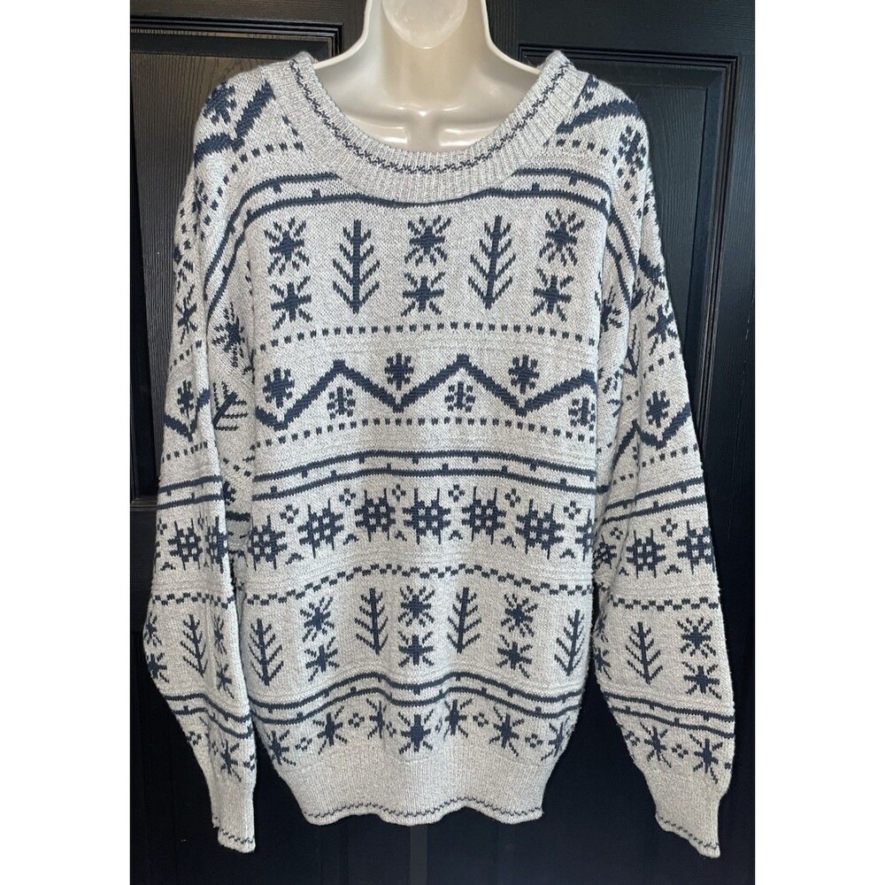 Vintage John Weitz Sweater L Gray Navy Fair Isle Nordic Snowflake Cotton